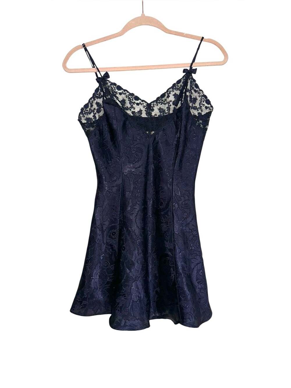 Victoria’s Secret Gold Label Lace Trim Satin Navy Chemise Slip Dress SMALL
